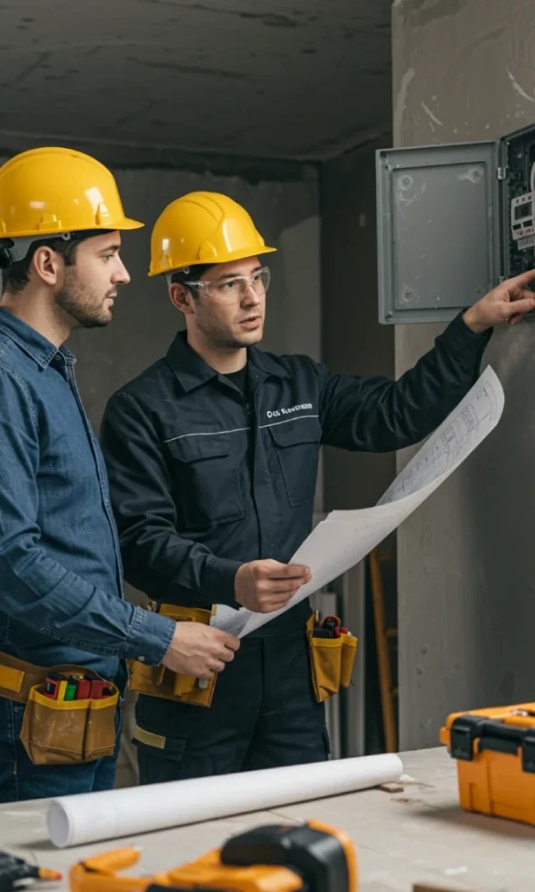 Un técnico electricista profesional con uniforme y casco de seguridad, explicándole a un cliente los detalles de una instalación eléctrica.